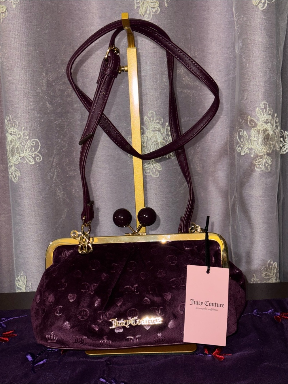 NWT Juicy Couture Purple Embossed Velour Clasp Crossbody Bag